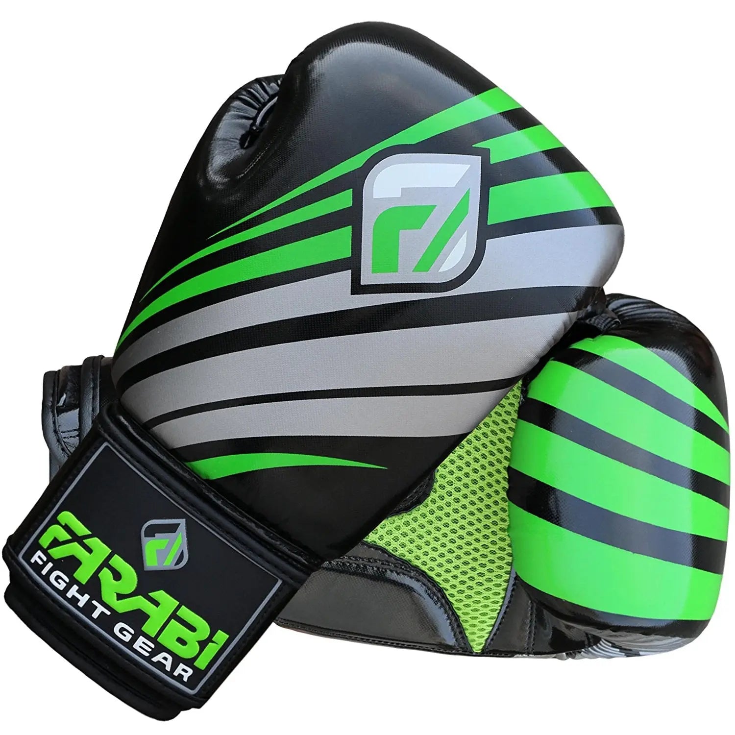 Farabi Sports boxing gloves with a bold green and black design, featuring durable construction for training and competition.