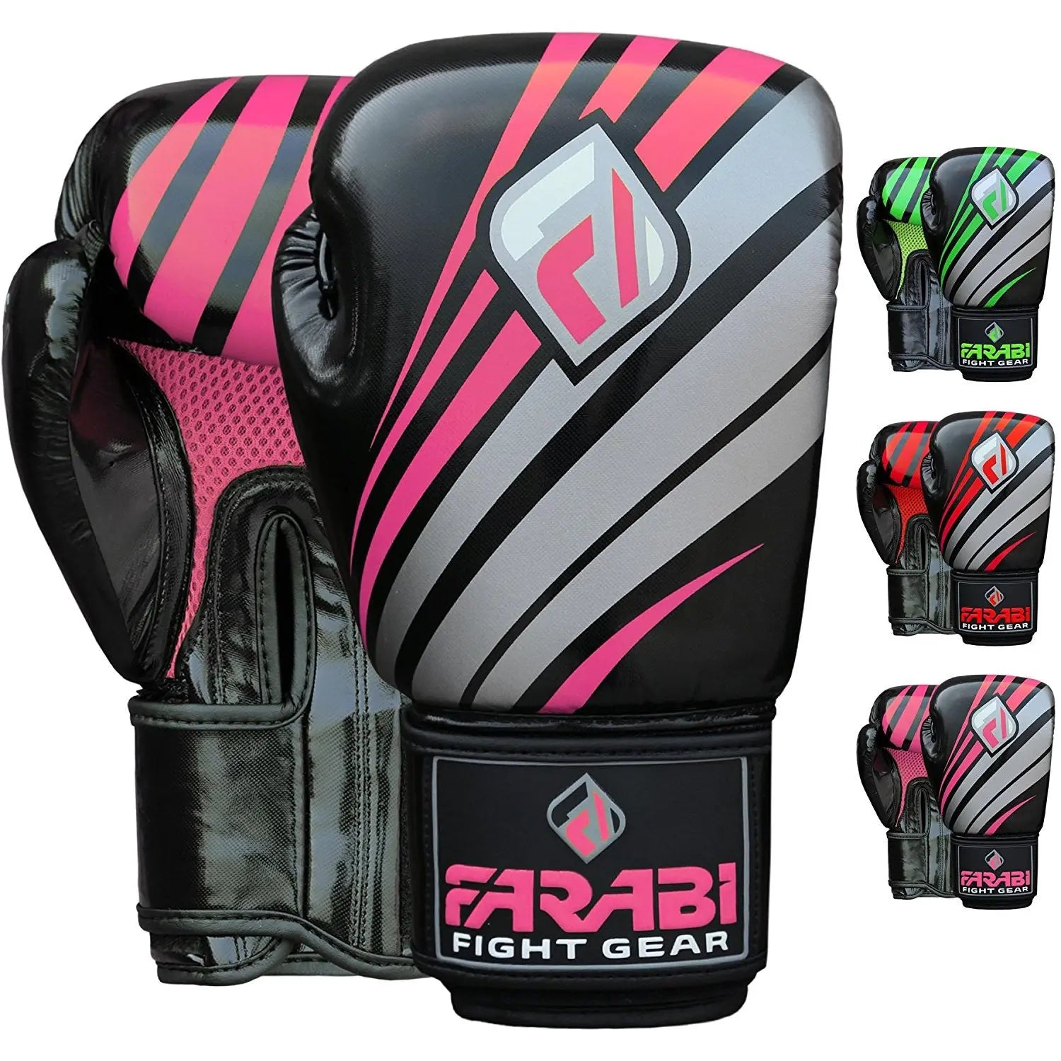 Farabi Sports boxing gloves with a bold pink and black design, featuring durable construction for training and competition.