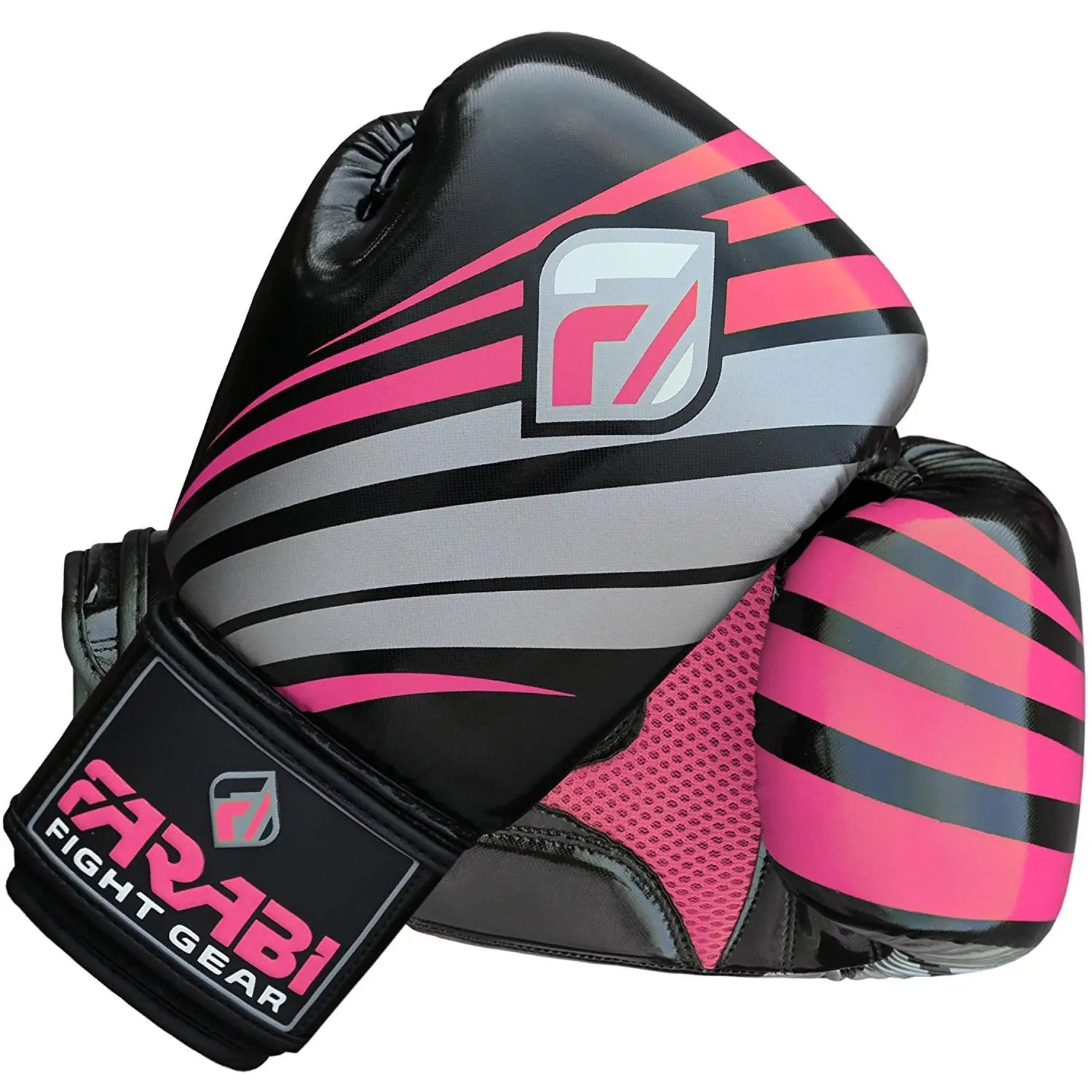 Farabi Sports boxing gloves with a bold pink and black design, featuring durable construction for training and competition.