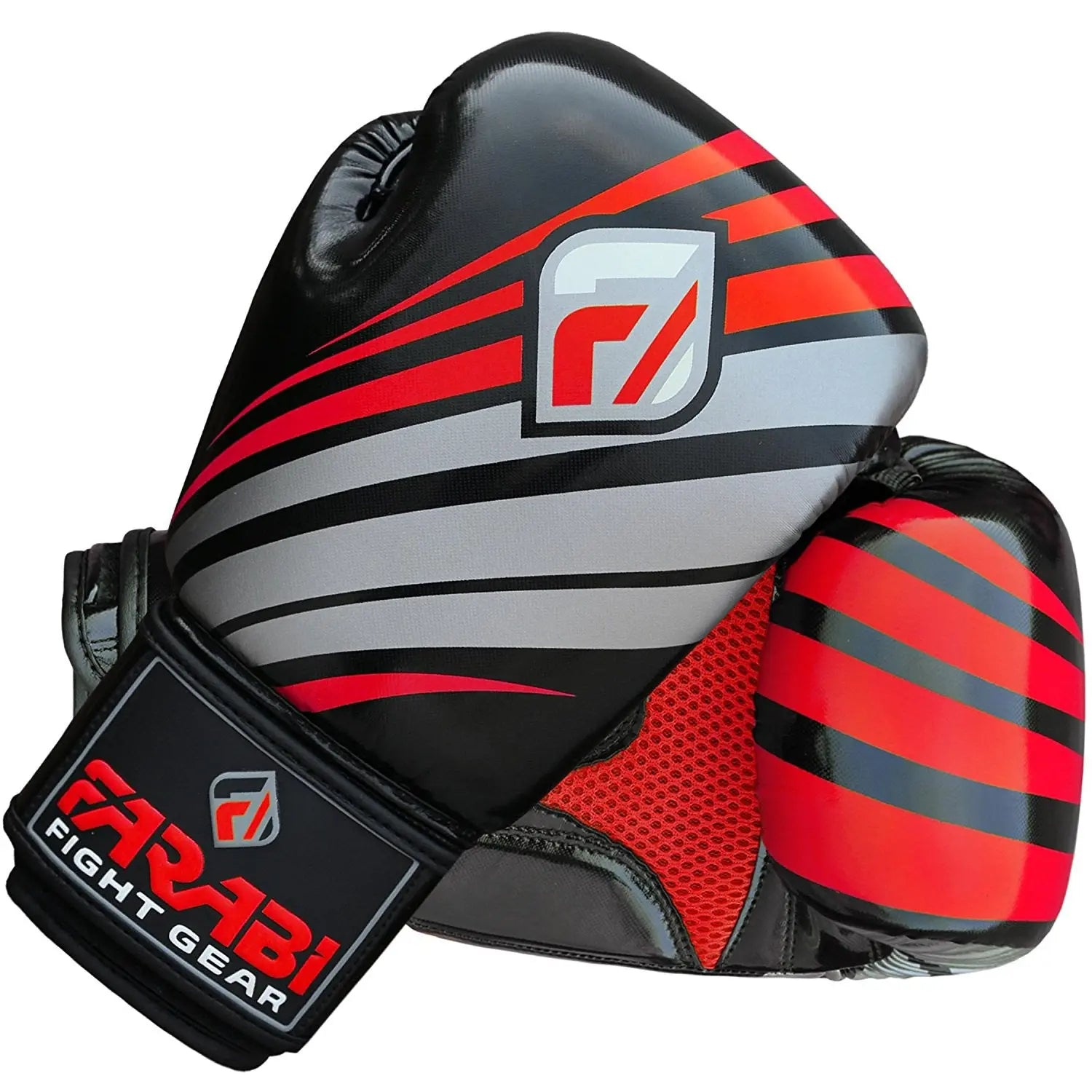 Farabi Sports boxing gloves with a bold red and black design, featuring durable construction for training and competition.