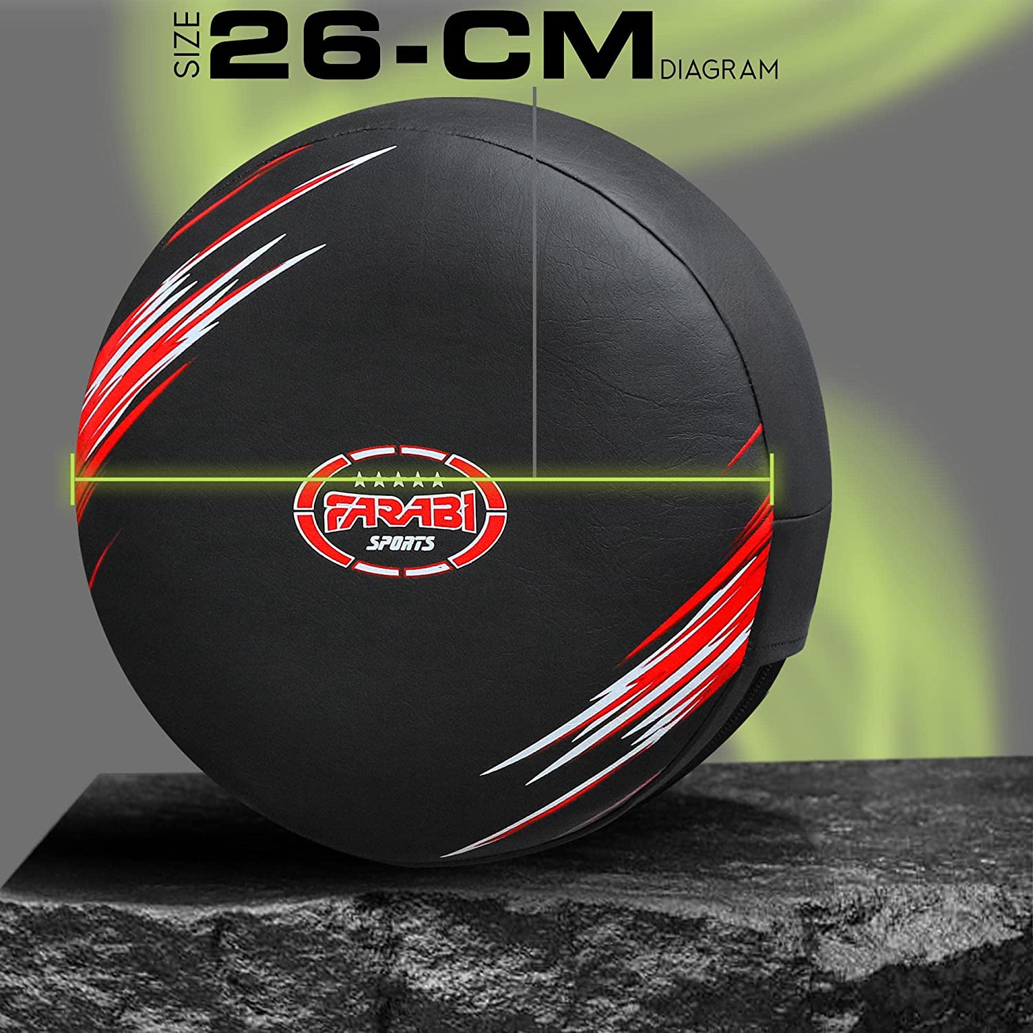 Farabi Sports focus mitt with a bold black and red design, featuring a diameter of 26 cm for optimal training.