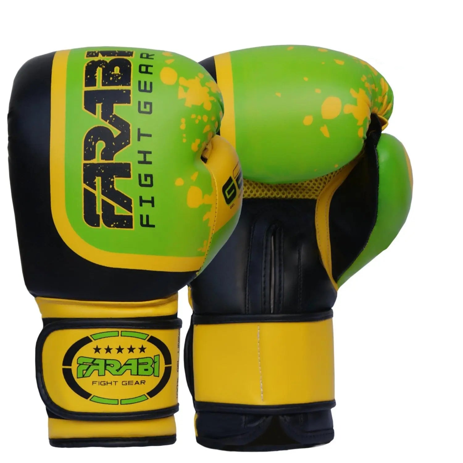 Farabi Sports boxing gloves with a bold green and yellow design, offering durability and style for training and competition.