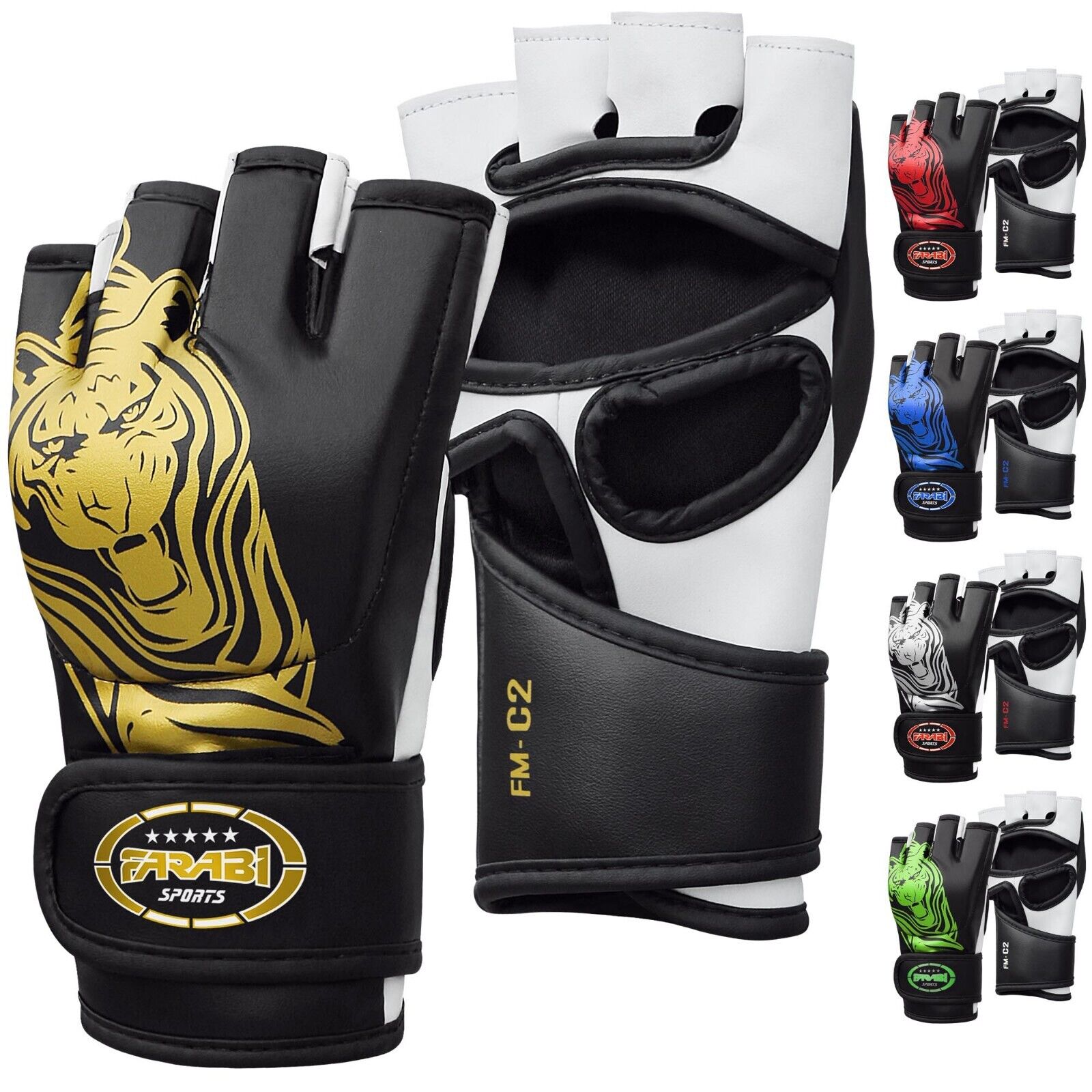 Farabi Sports MMA gloves with a bold black and white design featuring a striking golden tiger graphic for durability and style.