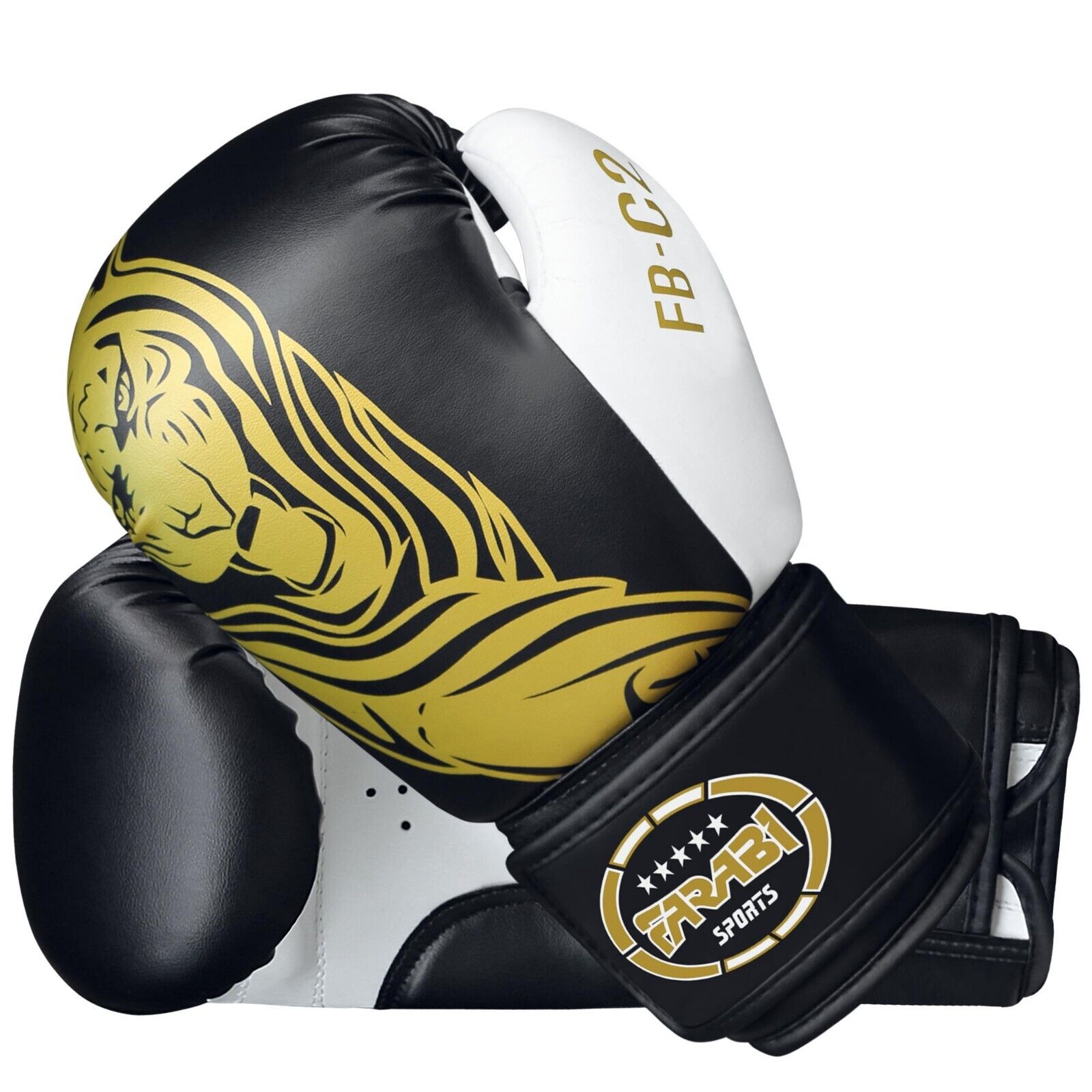 Farabi Sports boxing gloves with a sleek black and white design featuring a bold golden tiger graphic for durability and style.
