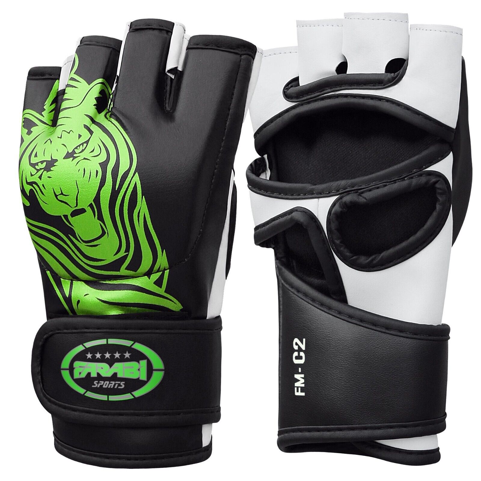 Farabi Sports MMA gloves with a bold black and white design featuring a striking green tiger graphic for durability and style.