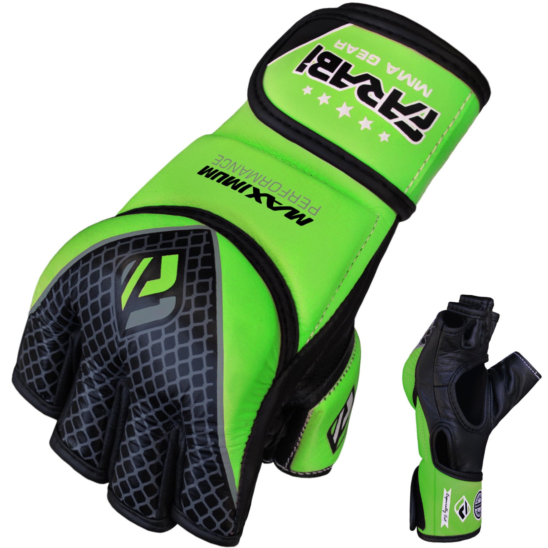 Farabi Sports MMA gloves with a bold green and black design, featuring durability and style for training and competition.