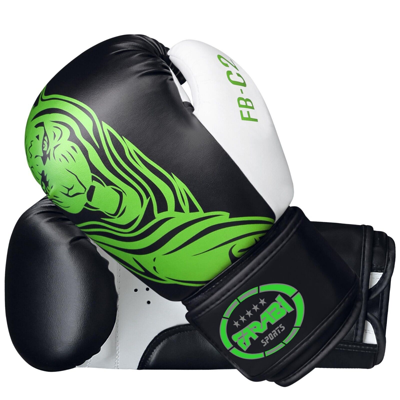 "Farabi Sports boxing gloves with a sleek black and white design featuring a bold green tiger graphic for durability and style.
