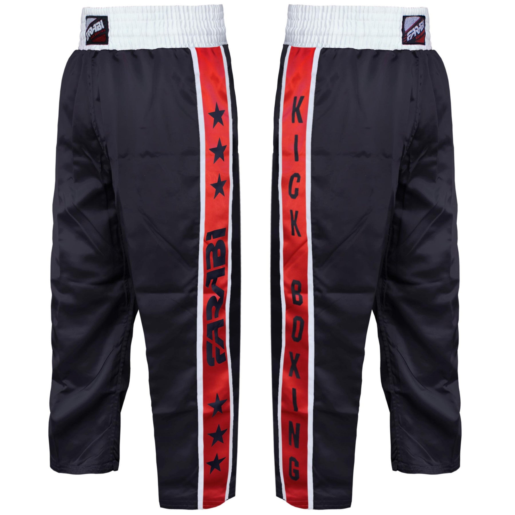 Farabi Sports kickboxing Trousers with a sleek black and red design, featuring bold lettering for durability and style.