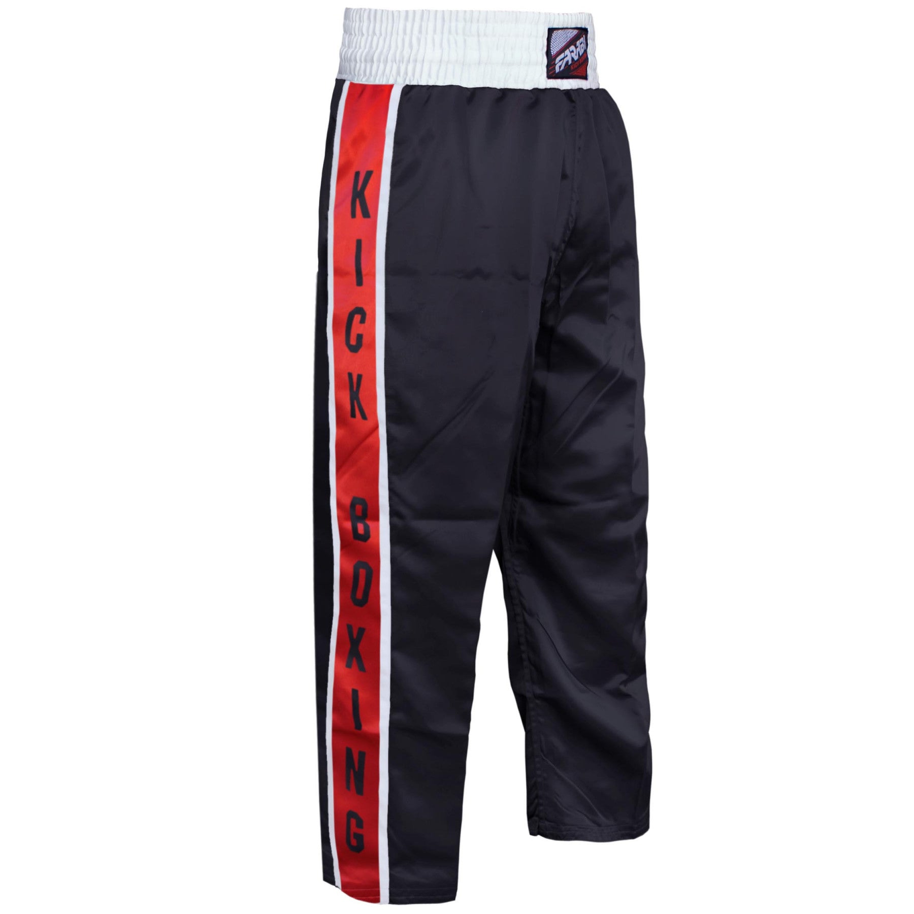 Farabi Sports kickboxing Trousers with a sleek black and red design, featuring bold lettering for durability and style.