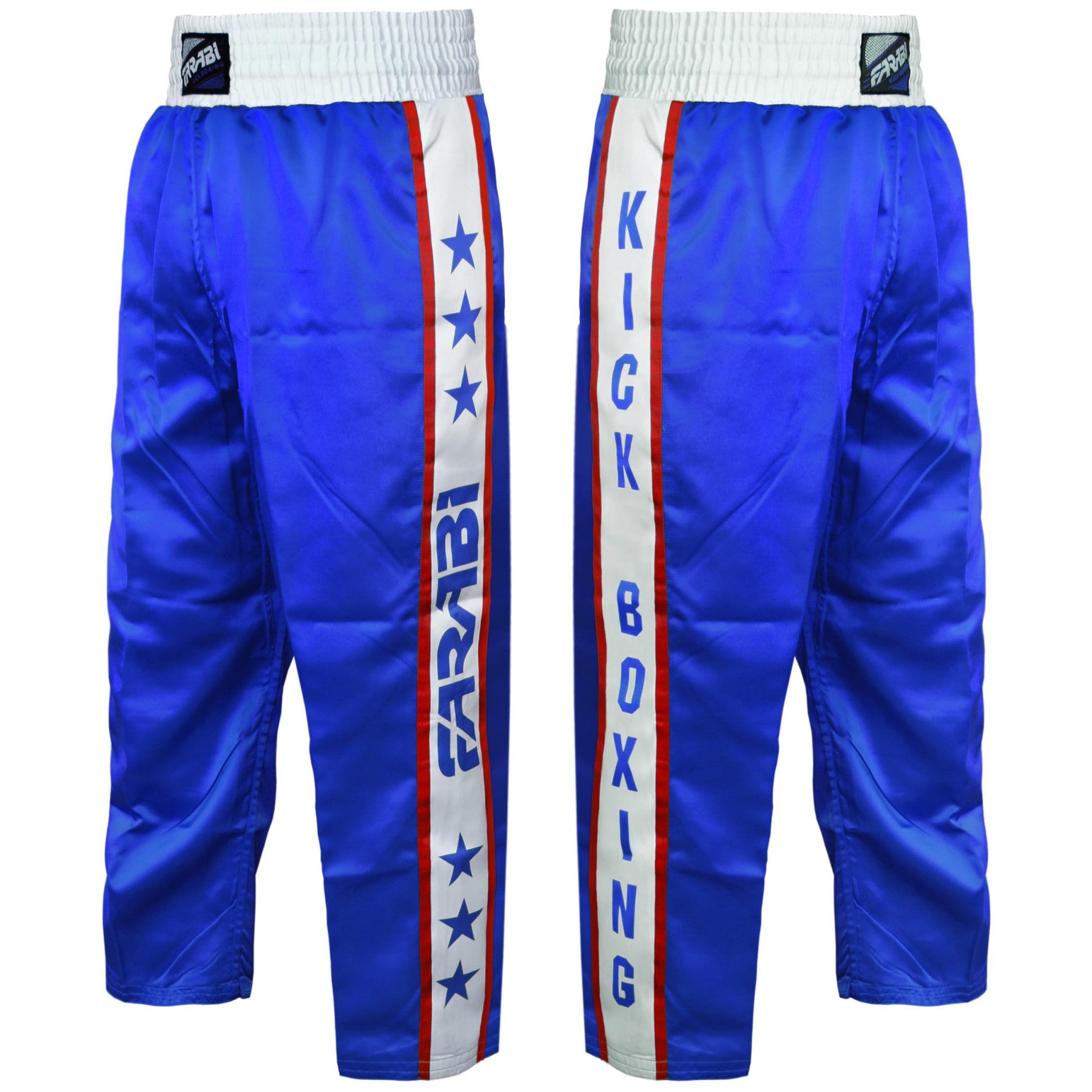 Farabi Sports kickboxing Trousers with a sleek blue and white design, featuring bold lettering for durability and style.