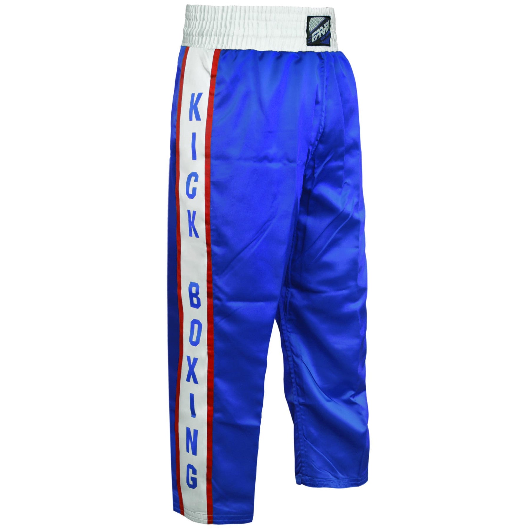Farabi Sports kickboxing Trousers with a sleek blue and white design, featuring bold lettering for durability and style.