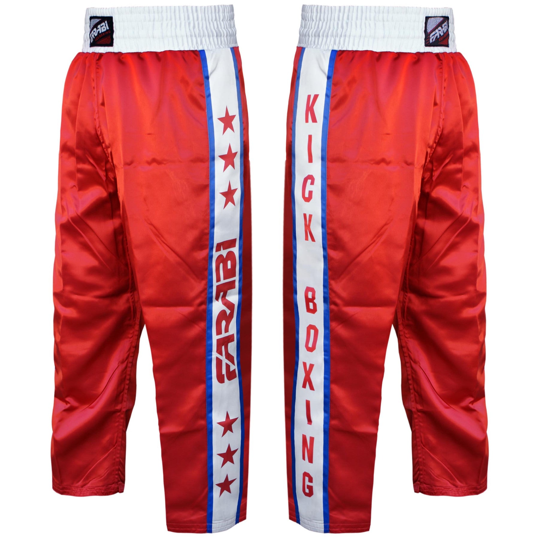 Farabi Sports kickboxing Trousers with a bold red and white design, featuring bold lettering for durability and style.