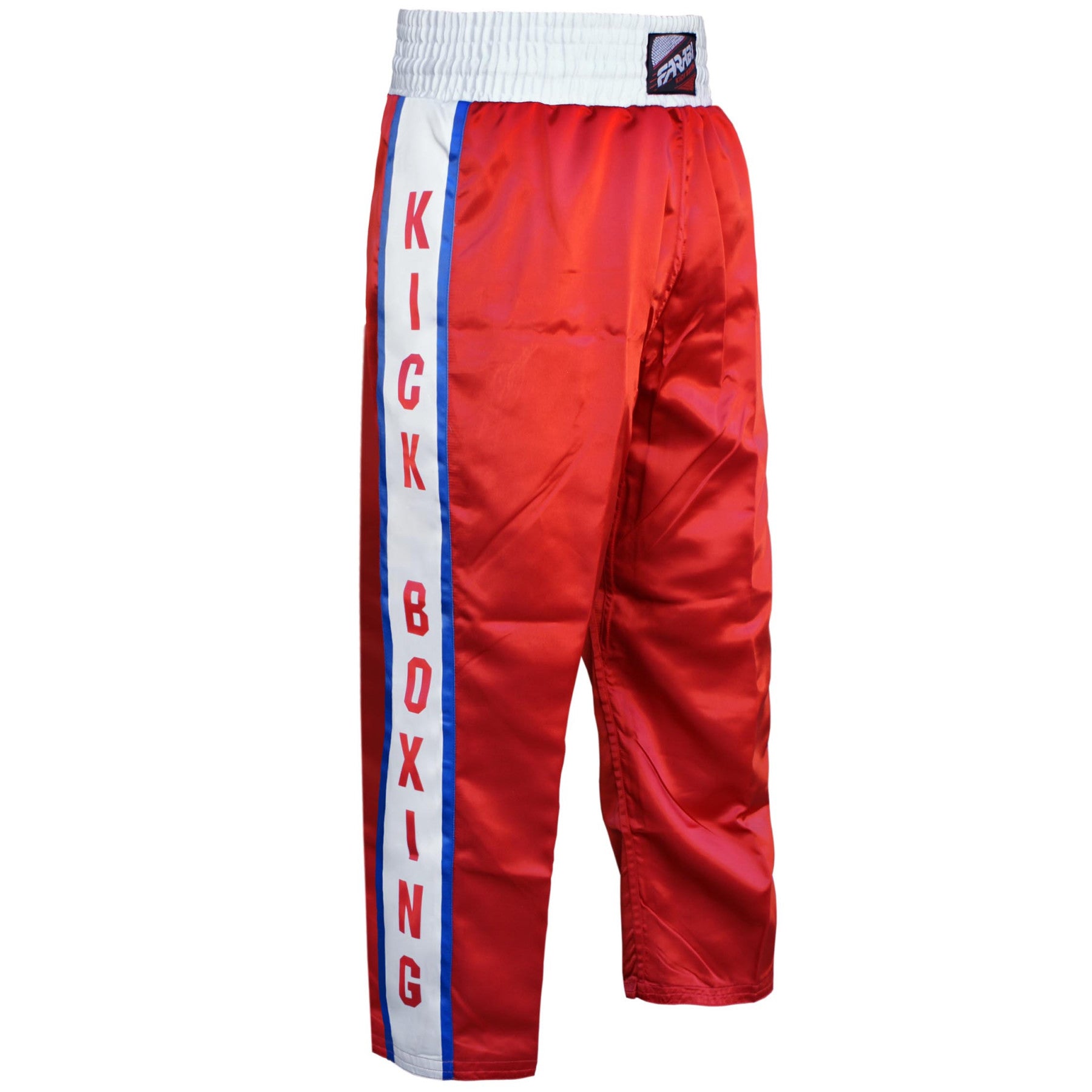 Farabi Sports kickboxing Trousers with a bold red and white design, featuring bold lettering for durability and style.