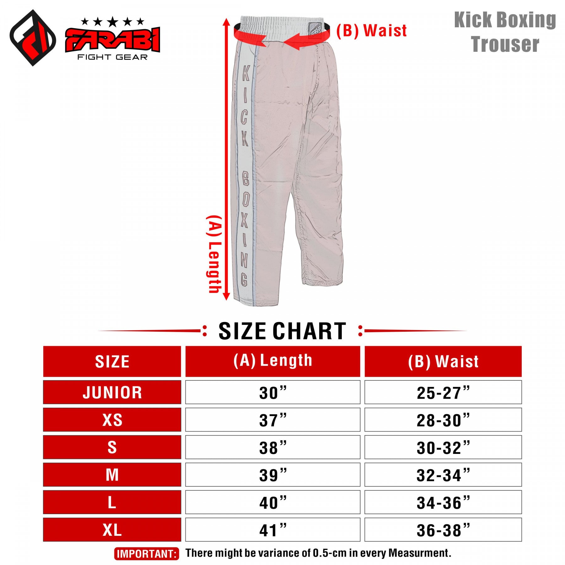 Farabi Sports kickboxing trousers size chart showing length and waist measurements for various sizes.