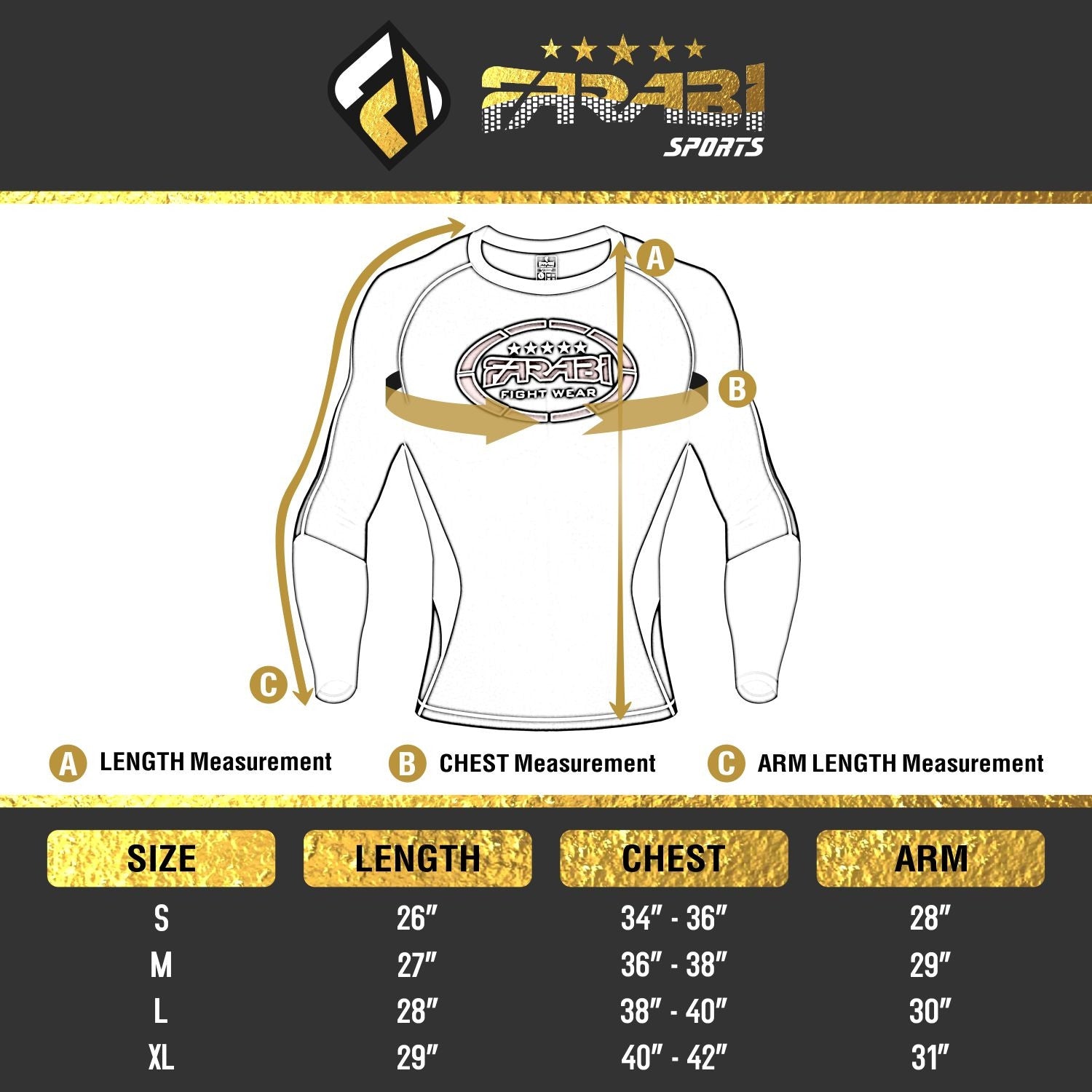Farabi Sports MMA rash guard size chart showing chest and height measurements for various sizes.