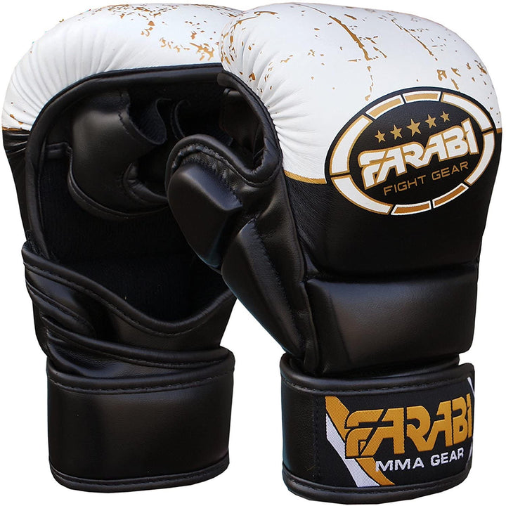 Farabi Sports MMA gloves with white and black design and adjustable wrist support.