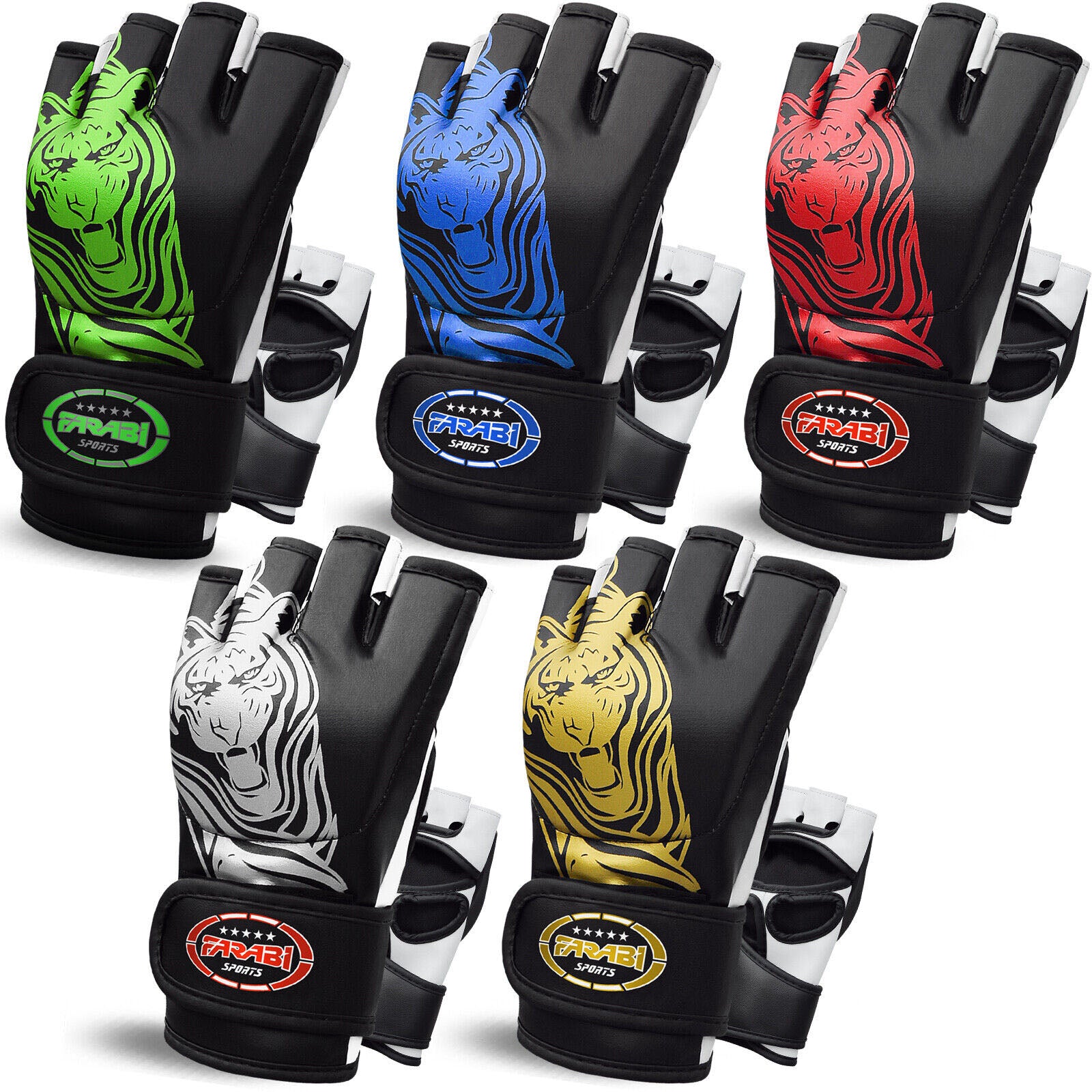 Farabi Sports MMA gloves in vibrant green, blue, red, white, and gold tiger designs, offering durability and style for training and competition.