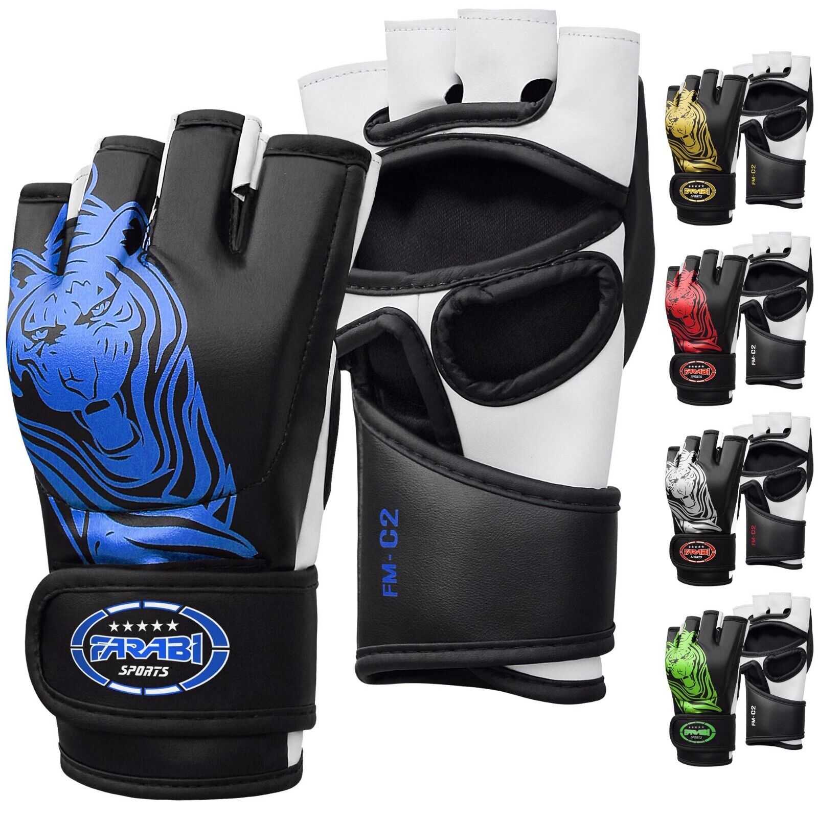 Farabi Sports MMA gloves with a bold black and white design featuring a striking Blue tiger graphic for durability and style.