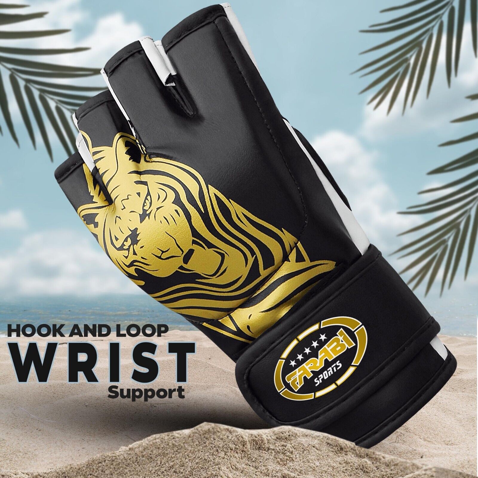 Farabi Sports MMA gloves with a bold black and white design featuring a striking golden tiger graphic for durability and style.