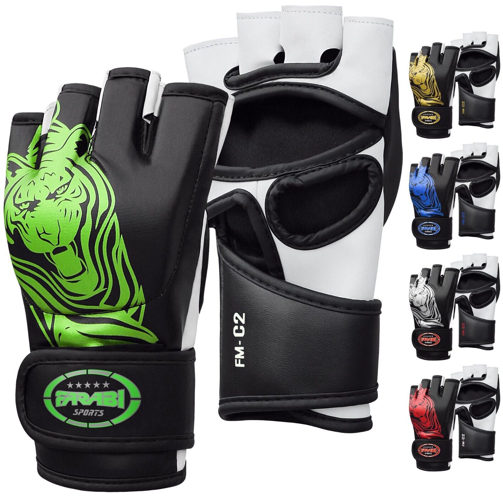 Farabi Sports MMA gloves with a bold black and white design featuring a striking green tiger graphic for durability and style.