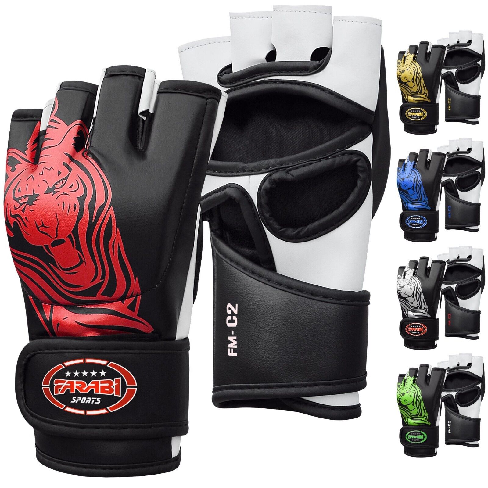 Farabi Sports MMA gloves with a bold black and white design featuring a striking red tiger graphic for durability and style.

