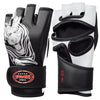 Farabi Sports MMA gloves with a bold black and white design featuring a striking white tiger graphic for durability and style.