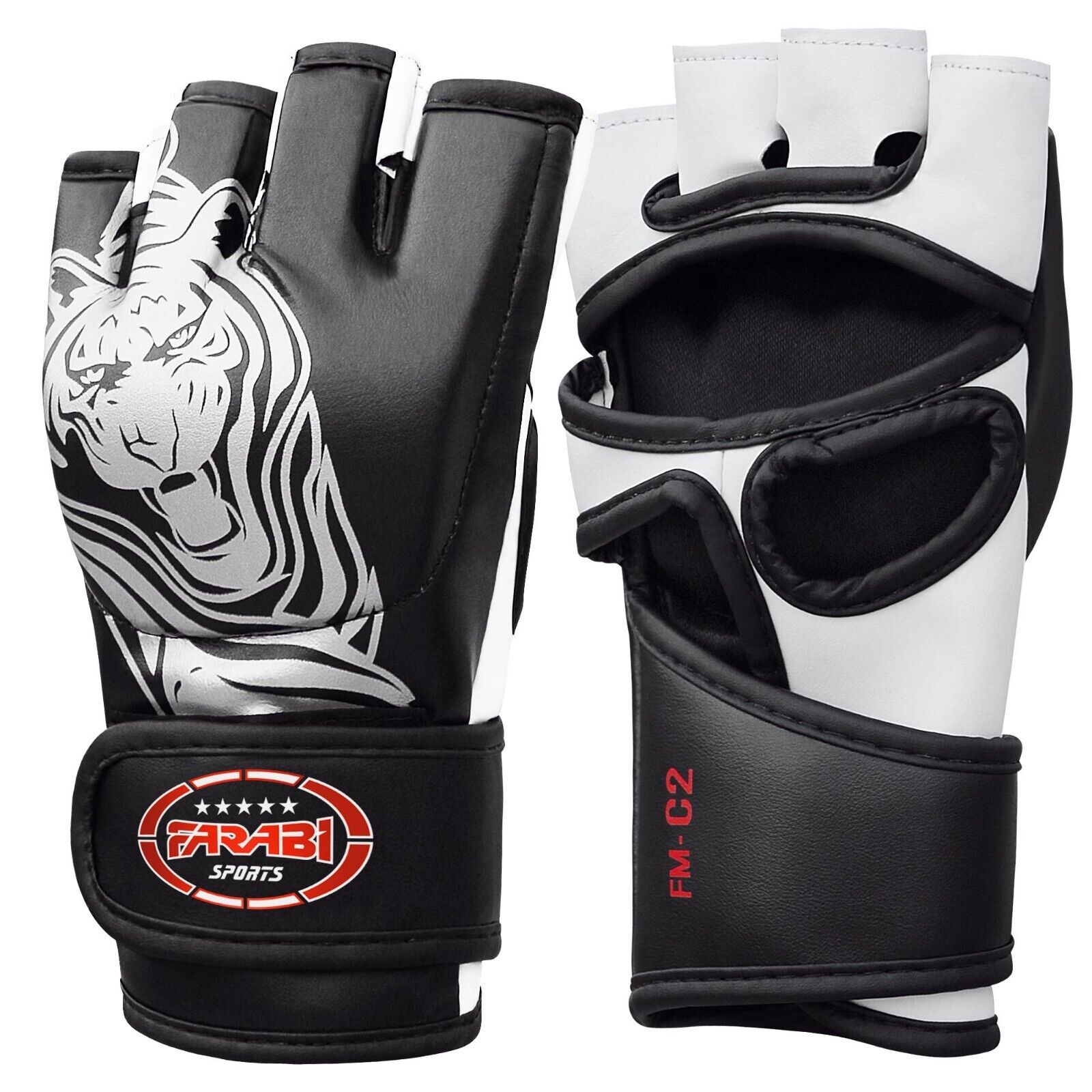Farabi Sports MMA gloves with a bold black and white design featuring a striking white tiger graphic for durability and style.