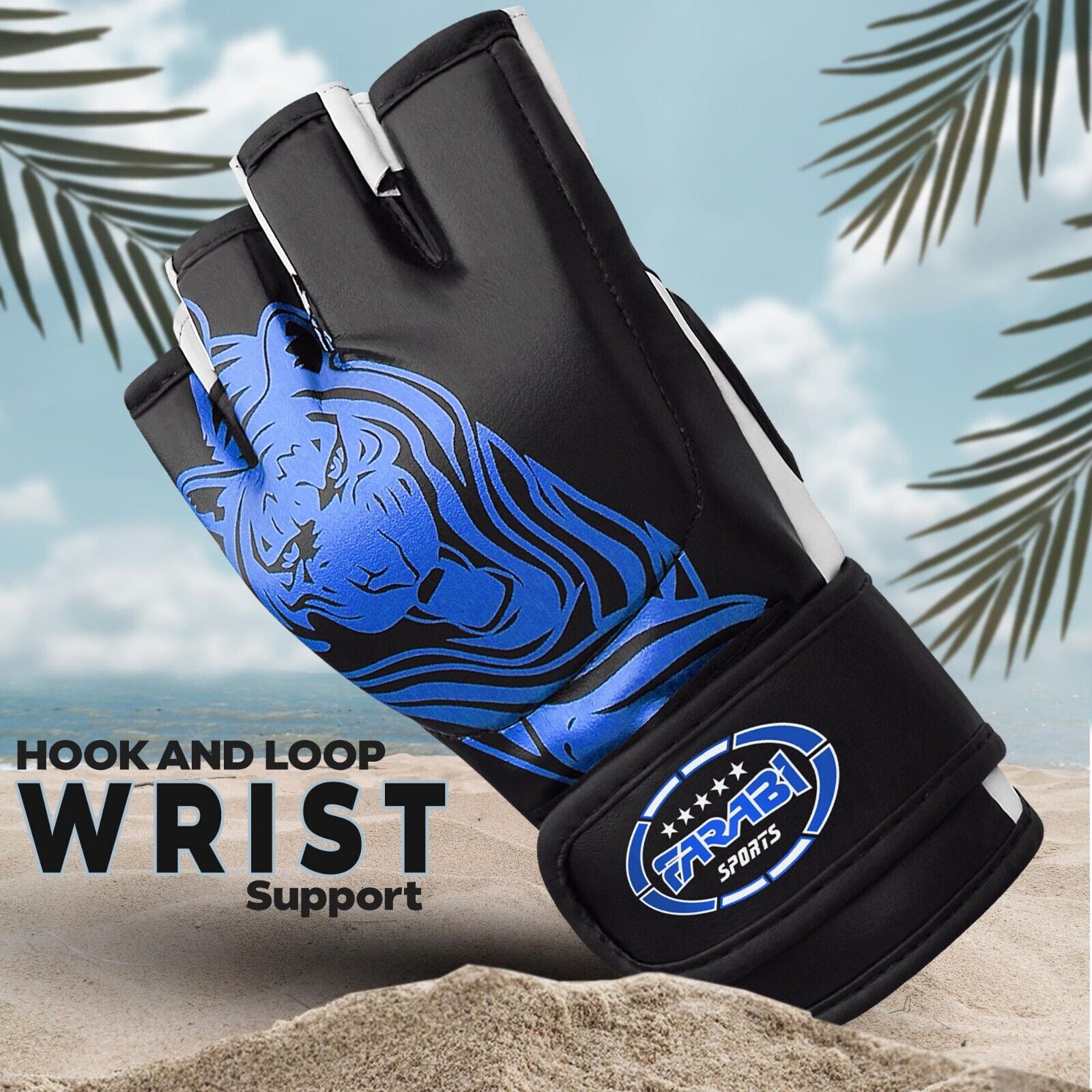 Farabi Sports MMA gloves with a bold black and white design featuring a striking Blue tiger graphic for durability and style.