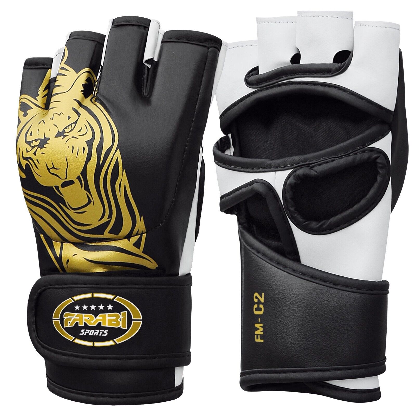 Farabi Sports MMA gloves with a bold black and white design featuring a striking Golden tiger graphic for durability and style.