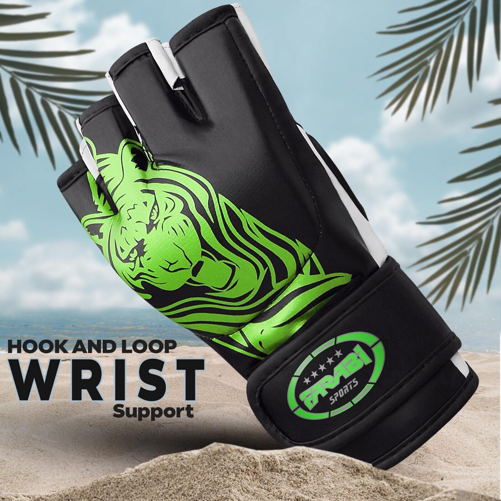 Farabi Sports MMA gloves with a bold black and white design featuring a striking green tiger graphic for durability and style.
