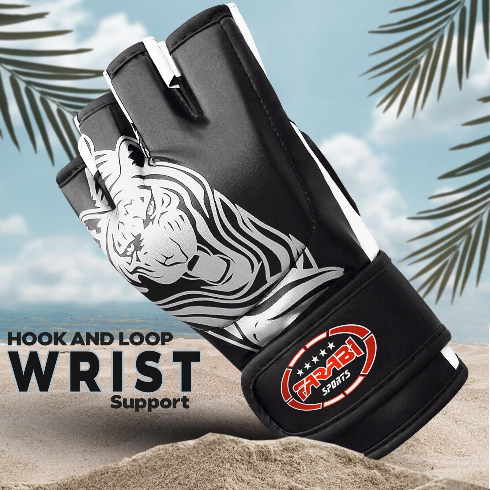 Farabi Sports MMA gloves with a bold black and white design featuring a striking white tiger graphic for durability and style.