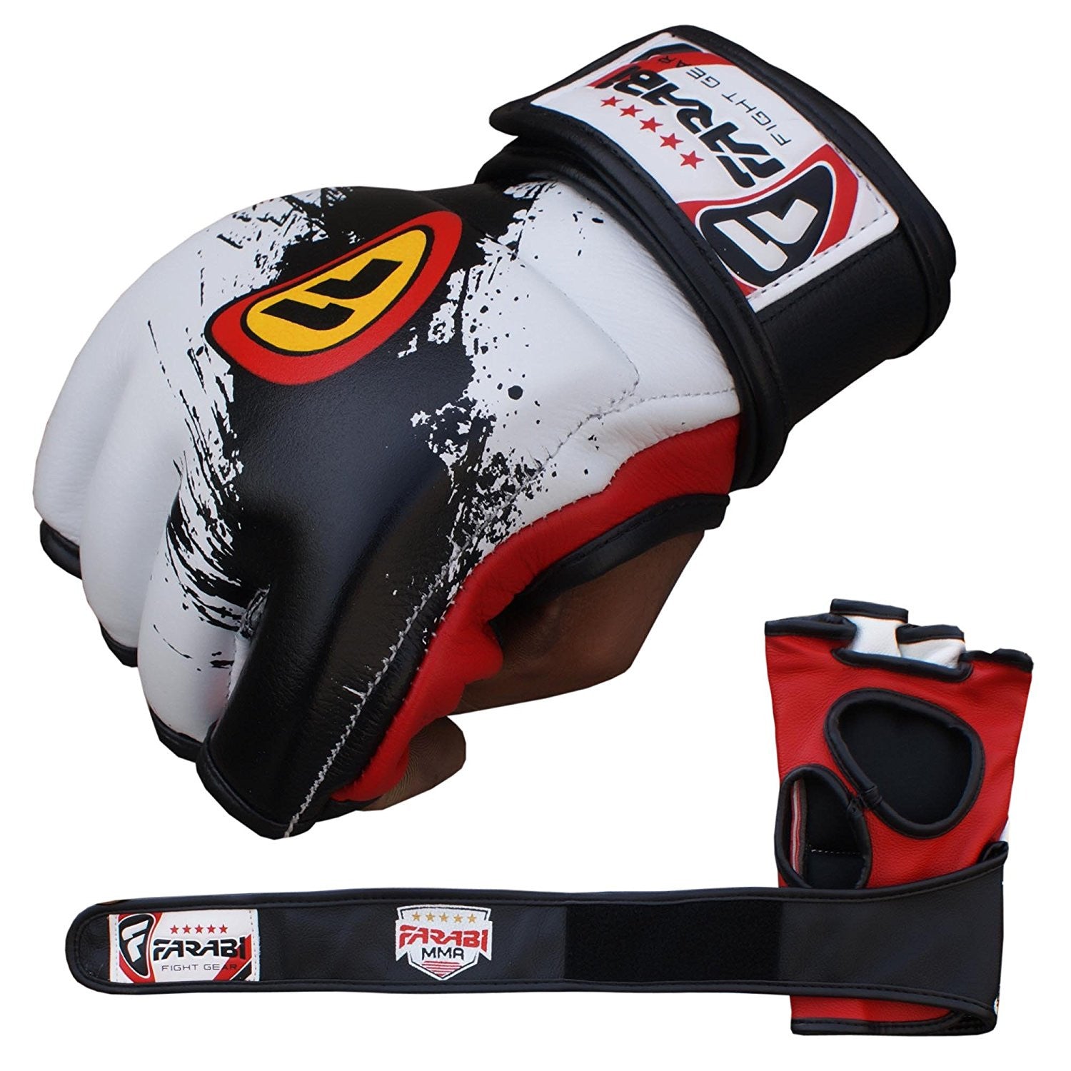 Farabi Sports MMA gloves with a striking black, white, and red design, offering durability and style for training and competition.