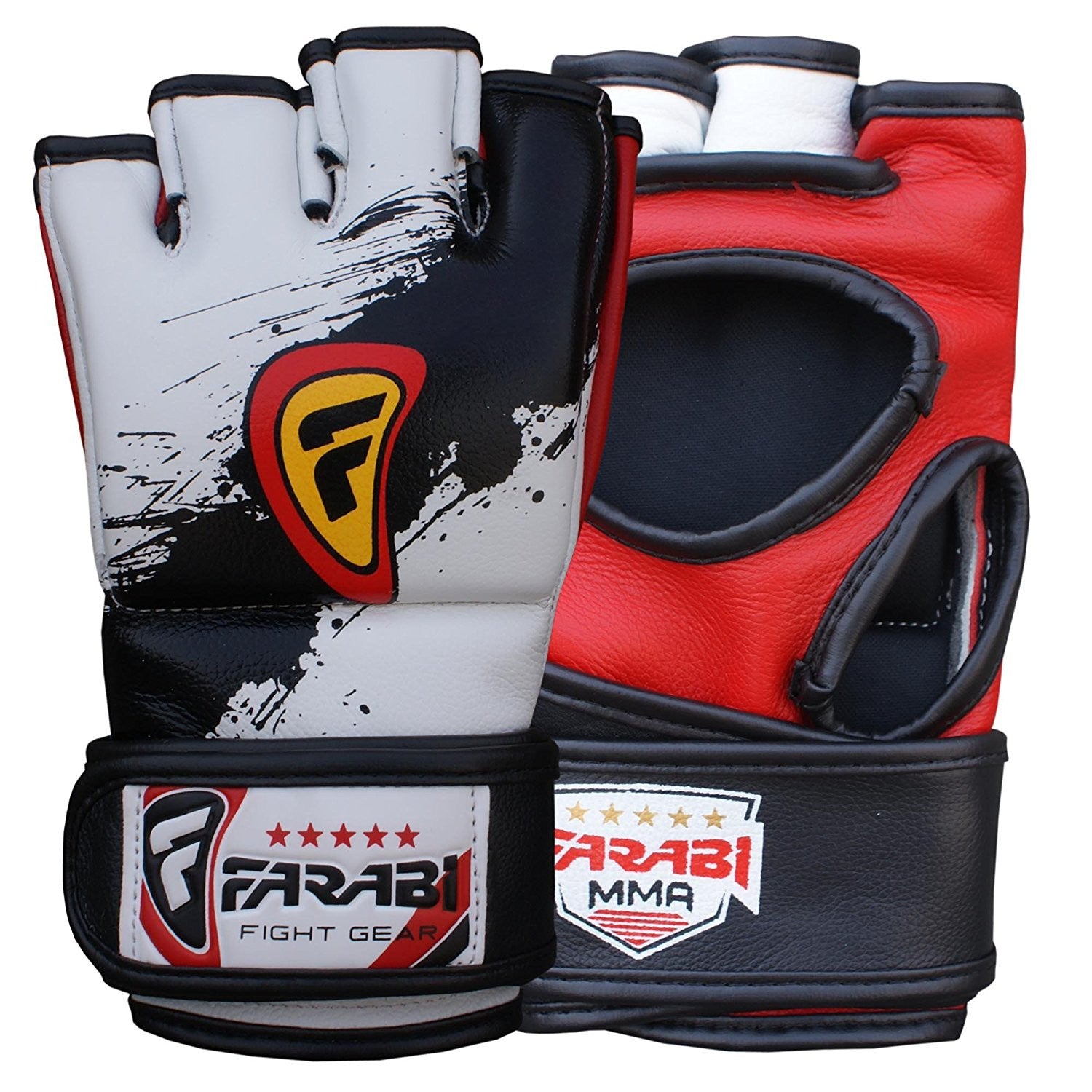 Farabi Sports MMA gloves with a striking black, white, and red design, offering durability and style for training and competition.