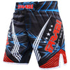 Farabi Sports MMA shorts with a striking black, blue, and red design, featuring bold patterns for durability and style.