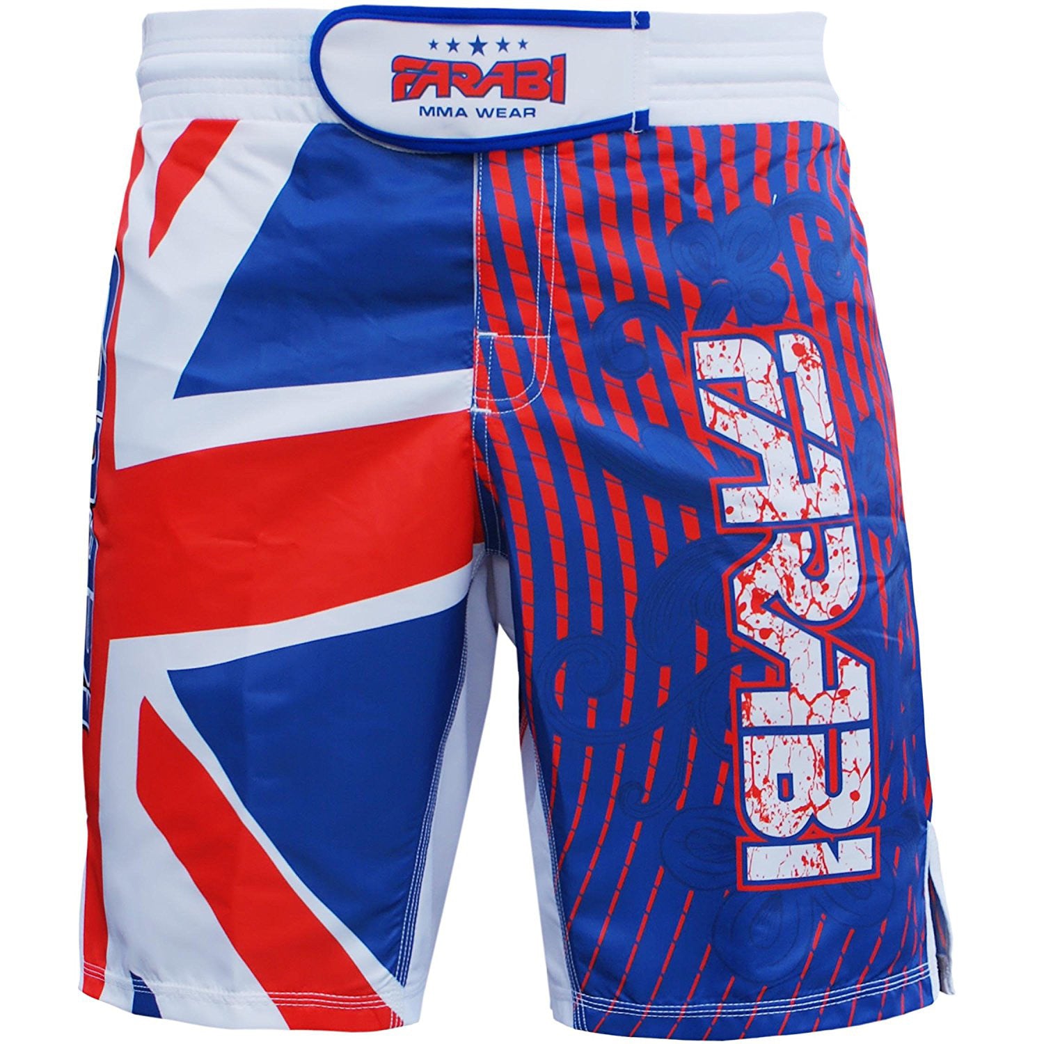 Farabi Sports MMA shorts with a bold blue, red, and white design featuring the Union Jack pattern for durability and style.