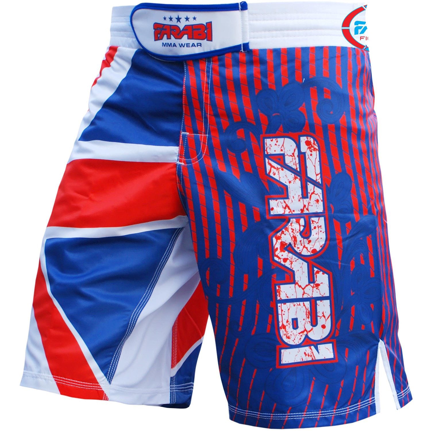 Farabi Sports MMA shorts with a bold blue, red, and white design featuring the Union Jack pattern for durability and style.