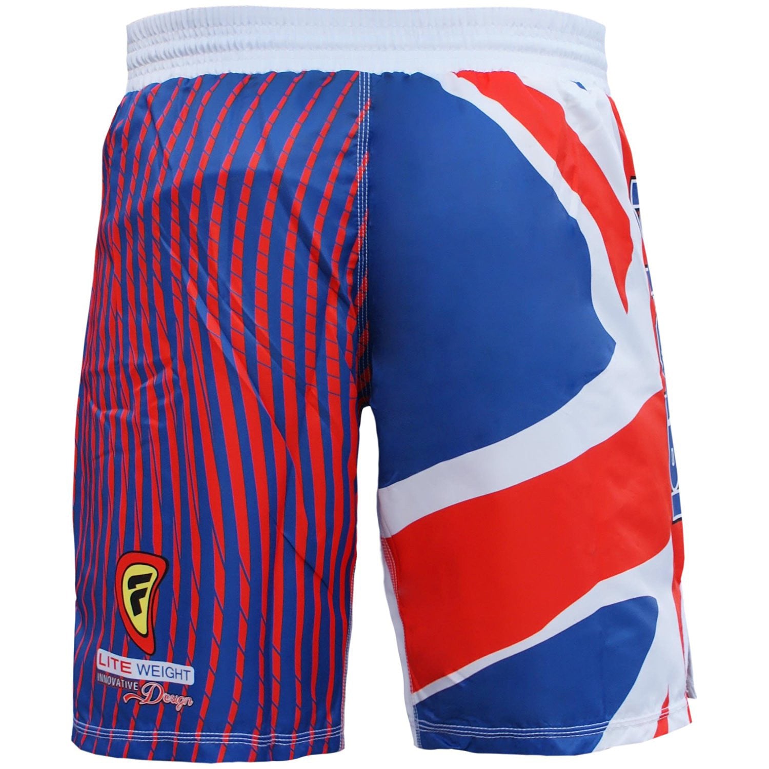 Farabi Sports MMA shorts with a bold blue, red, and white design featuring the Union Jack pattern for durability and style.
