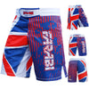 Farabi Sports MMA shorts with a bold blue, red, and white design featuring the Union Jack pattern for durability and style.