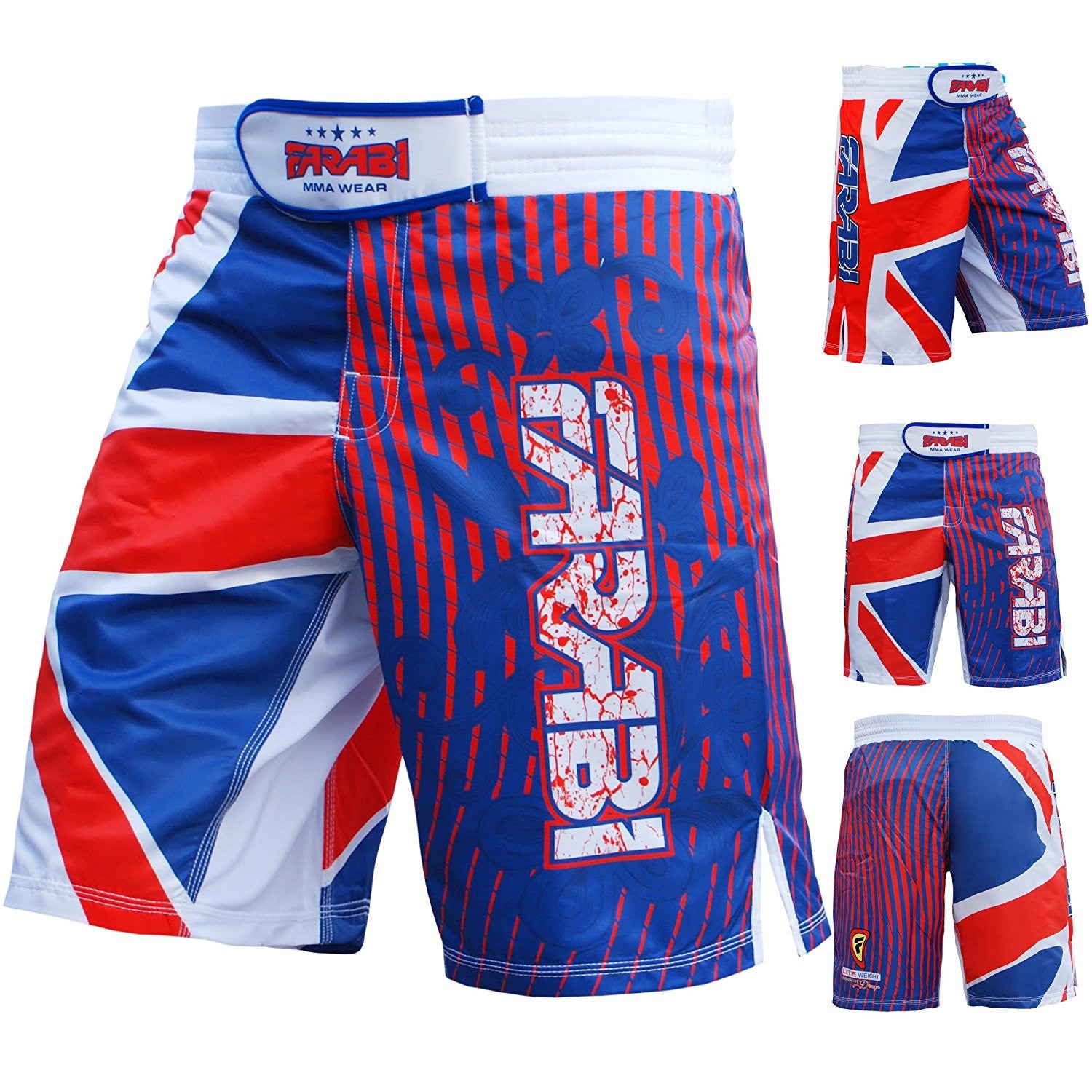 Farabi Sports MMA shorts with a bold blue, red, and white design featuring the Union Jack pattern for durability and style.
