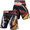 Farabi Sports MMA shorts with a striking black, orange, and yellow design, featuring bold patterns for durability and style.