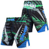 Farabi Sports MMA shorts with a bold black, green, and blue design, featuring dynamic patterns for durability and style.