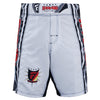 Farabi Sports MMA shorts with a sleek white design, featuring bold black and red accents for durability and style.