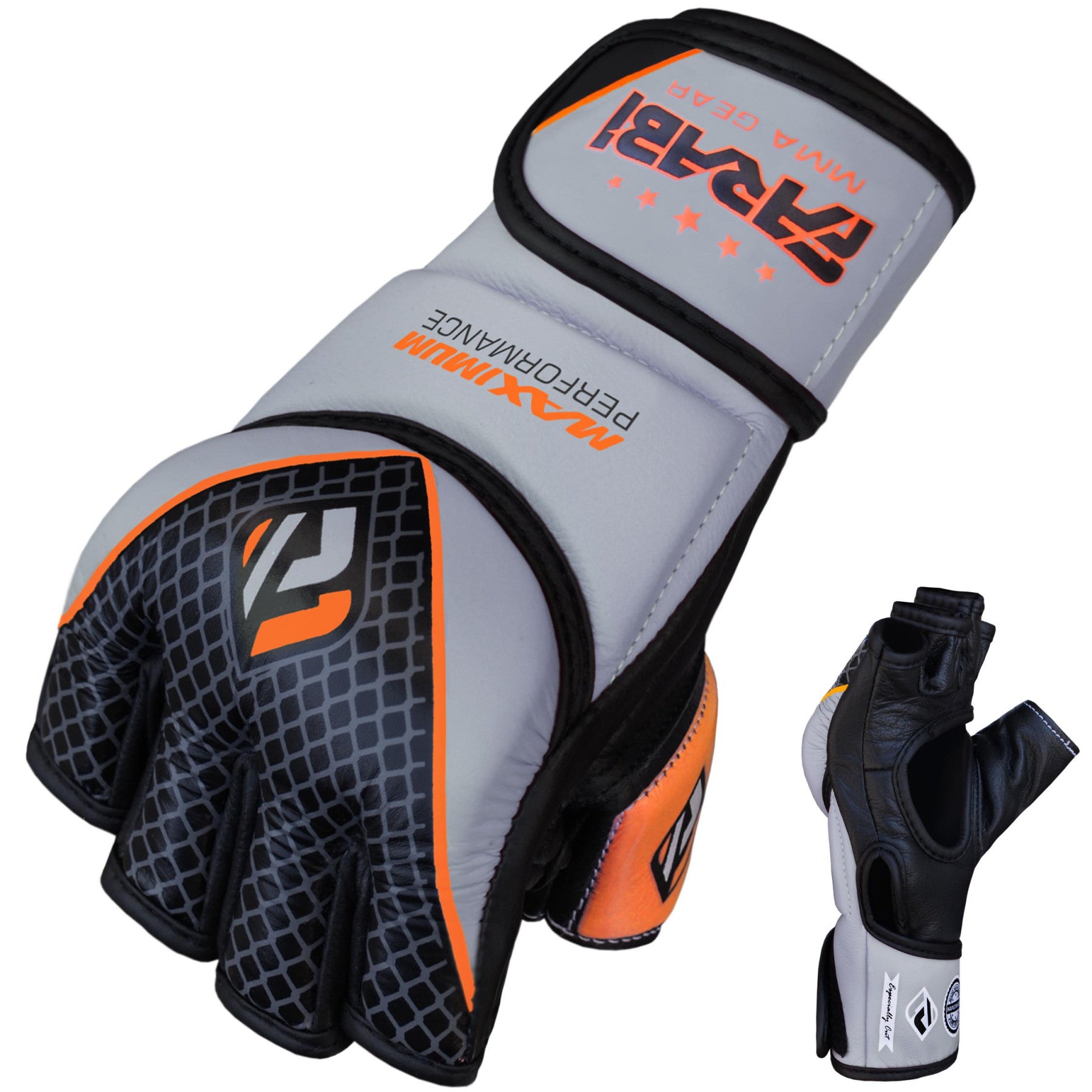 Farabi Sports MMA gloves with a bold black, gray, and orange design, offering durability and style for training and competition.
