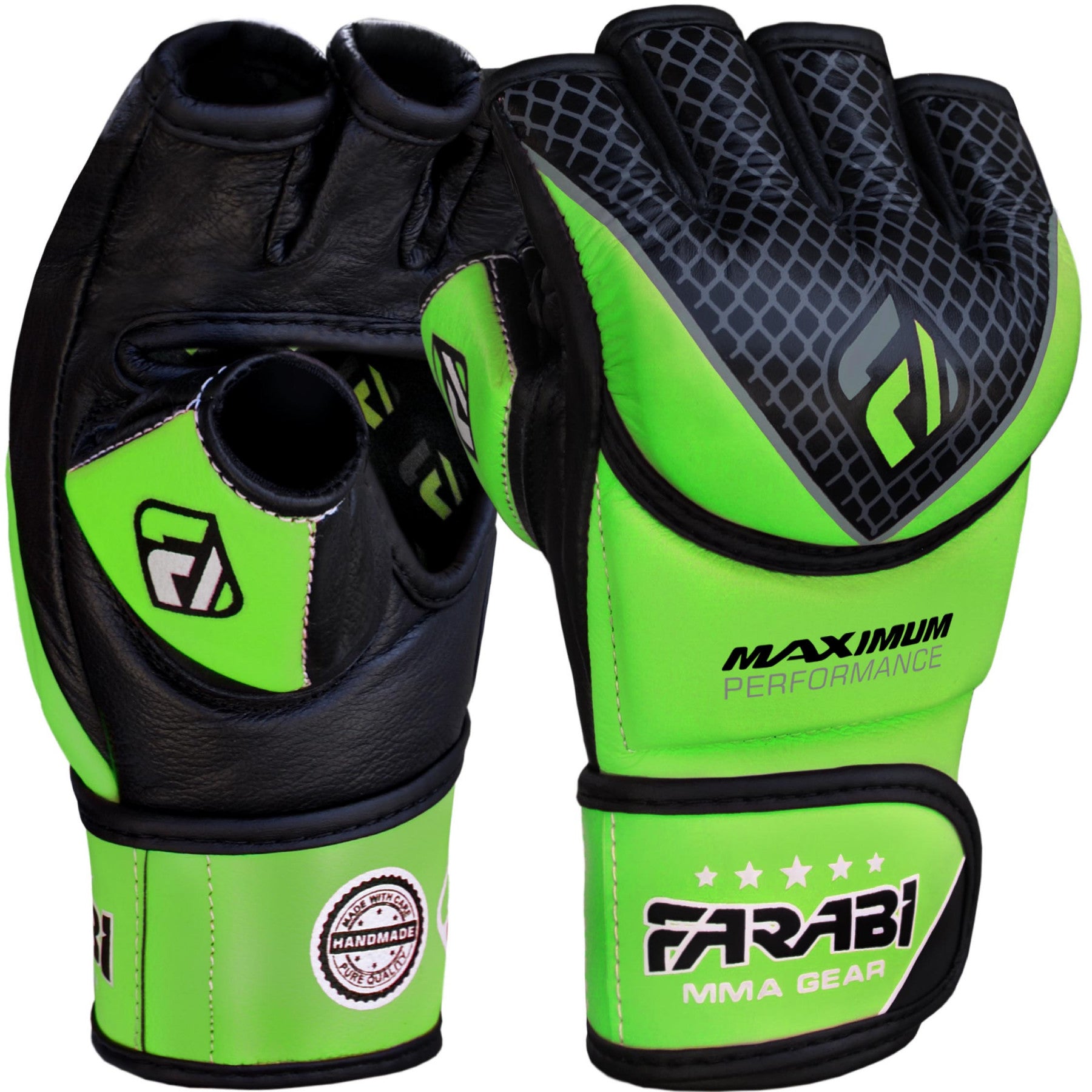 Farabi Sports MMA gloves with a bold green and black design, featuring durability and style for training and competition.