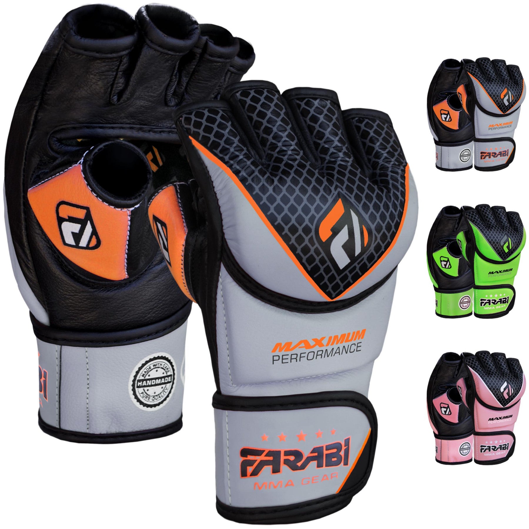Farabi Sports MMA gloves with a bold black, gray, and orange design, offering durability and style for training and competition.