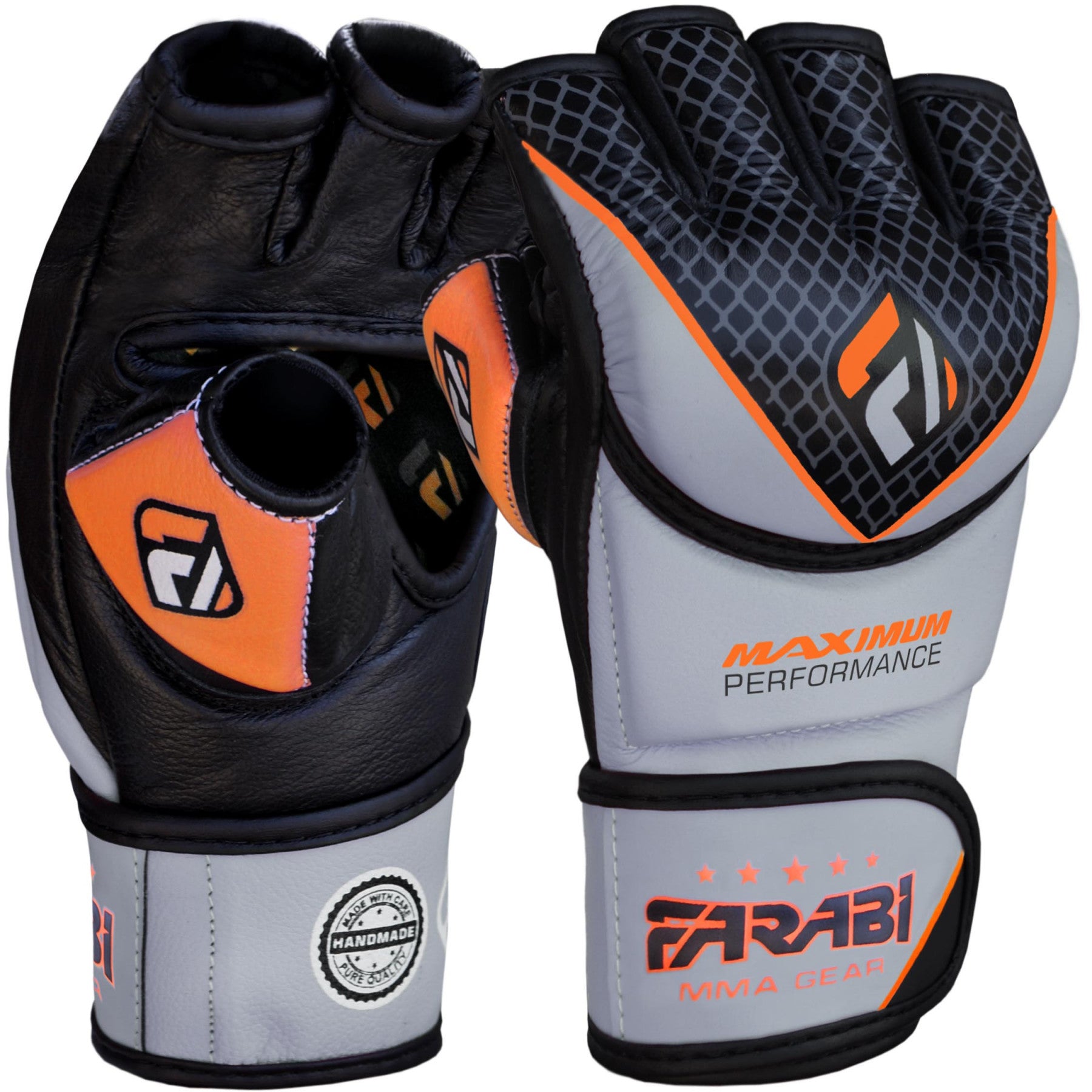 Farabi Sports MMA gloves with a bold black, gray, and orange design, offering durability and style for training and competition.