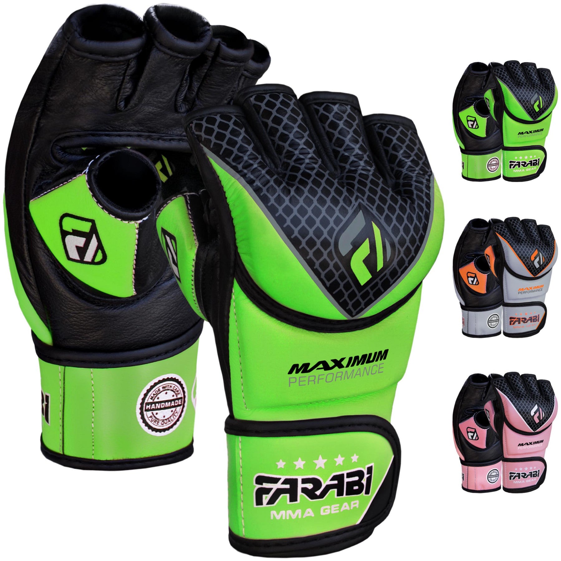Farabi Sports MMA gloves with a bold green and black design, featuring durability and style for training and competition.