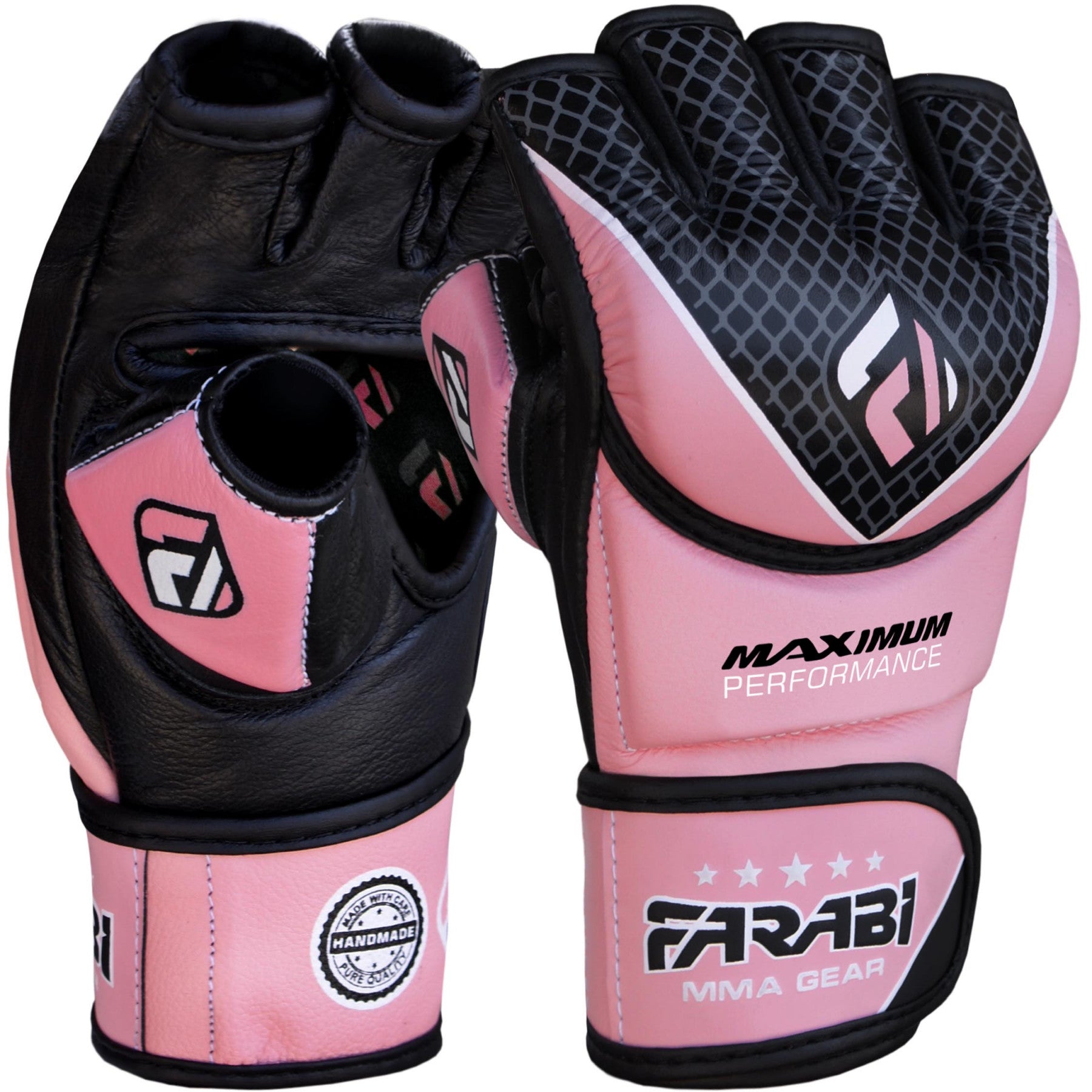 Farabi Sports MMA gloves with a stylish pink and black design, featuring durability and style for training and competition.