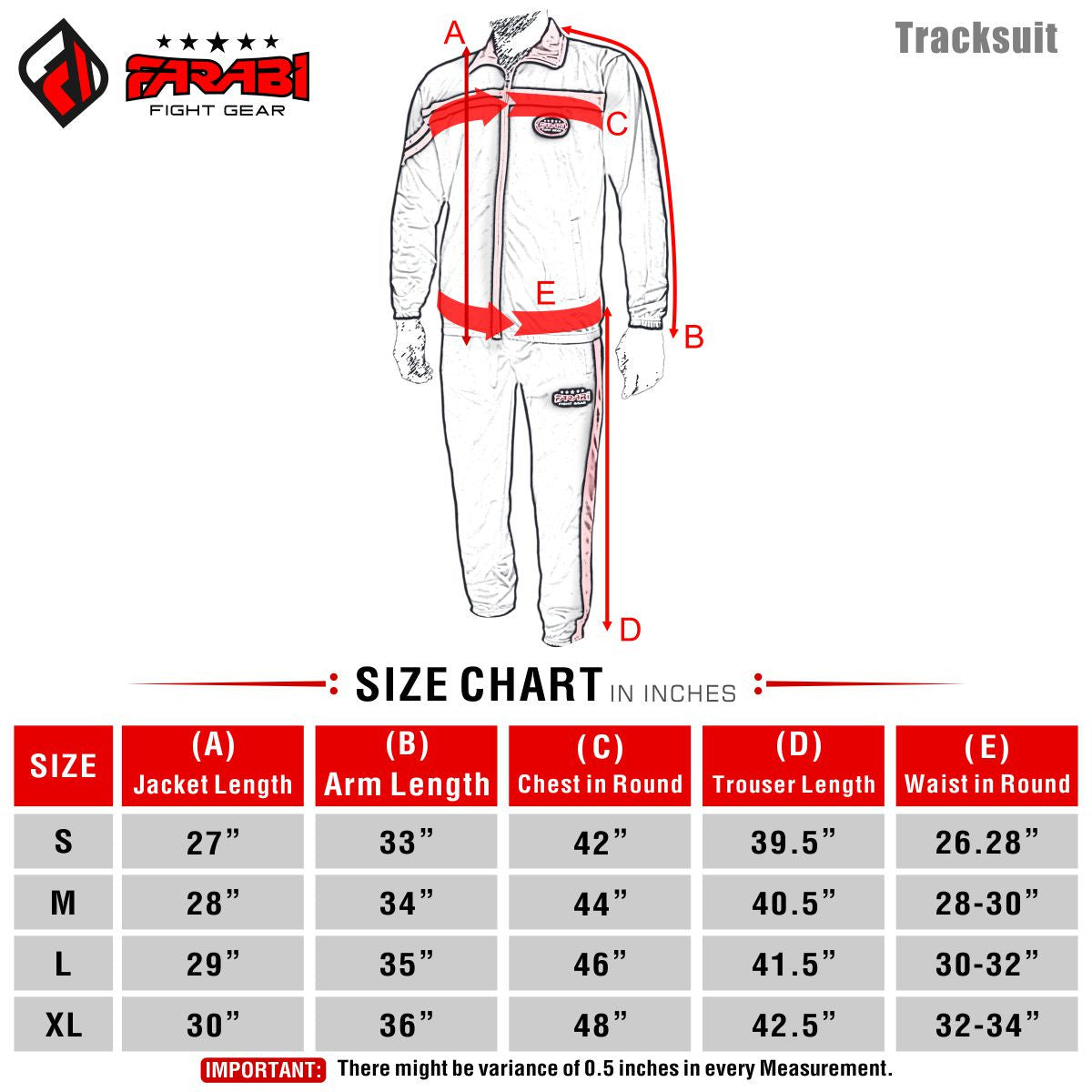 Farabi Sports tracksuit size chart showing measurements for jacket length, arm length, chest, trouser length, and waist in inches.