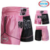 Farabi Sports Muay Thai shorts with a bold pink and black design, featuring stylish lettering for durability and style.